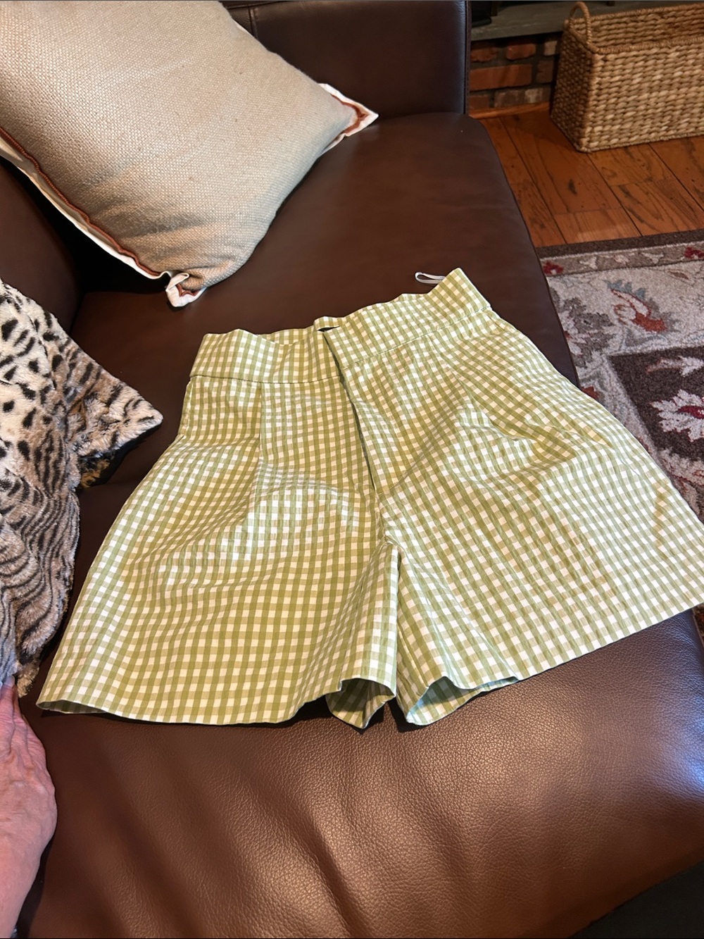 ZARA  Light Green Gingham High-Waist Women’s Shorts